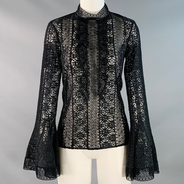 OSCAR DE LA RENTA Size 2 Black Cotton Lace Mock Neck Bell Sleeves Blouse