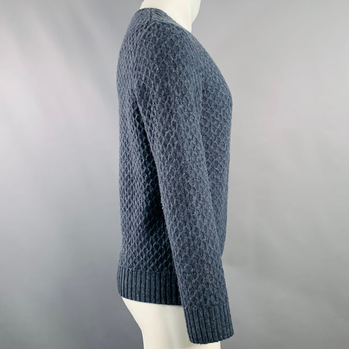 CIRCOLO Size M Blue Grey Diamond Cable Knit Merino Wool Crew Neck Sweater
