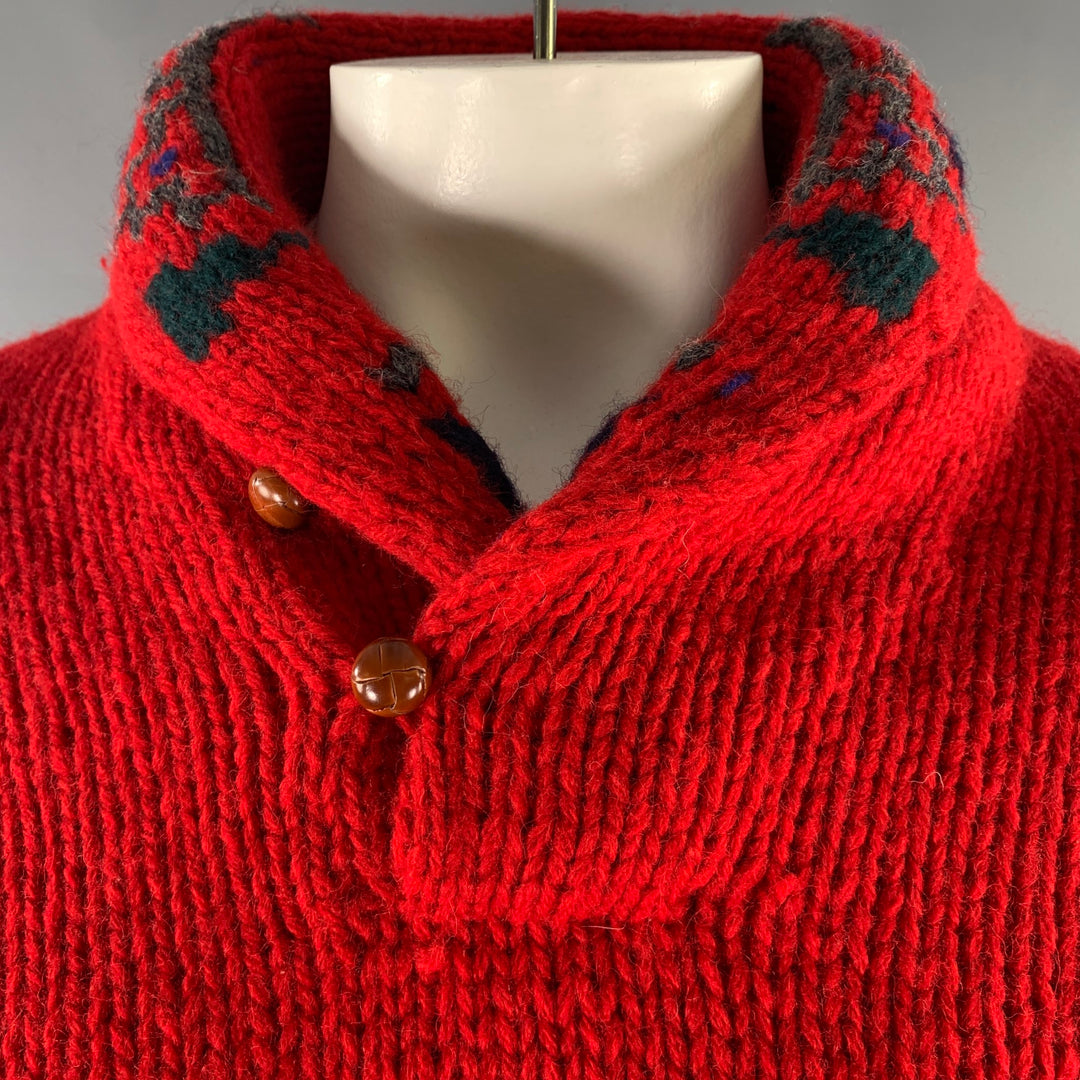 POLO by RALPH LAUREN Size XL Red Black Blue Knit Wool Shawl Sweater