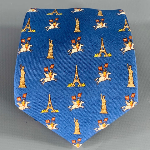 HERMES Eiffel Meets Liberty Blue Beige Silk Tie