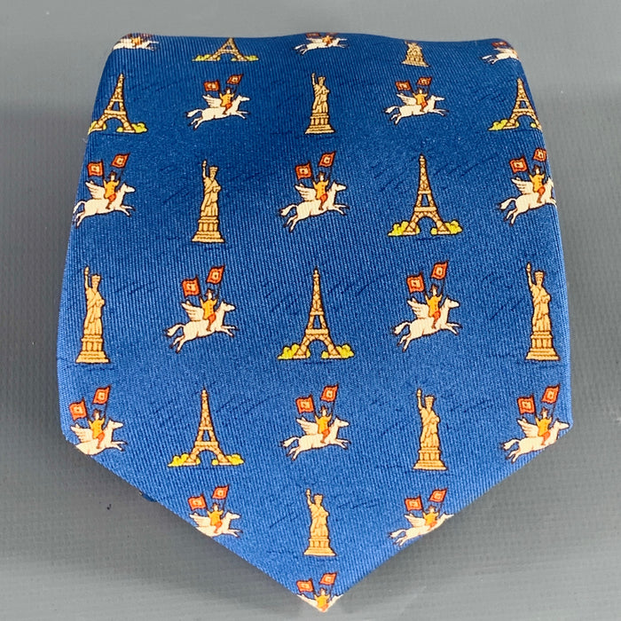 HERMES Eiffel Meets Liberty Blue Beige Silk Tie