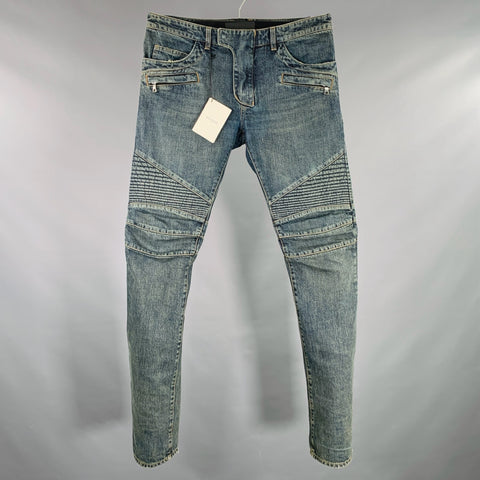 BALMAIN Size 32 Blue Cotton Motorcycle Jeans