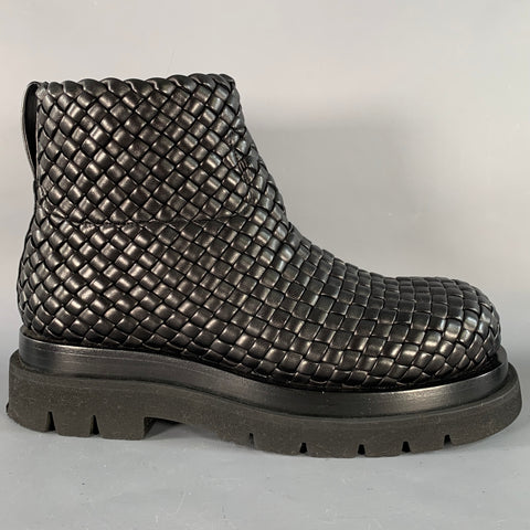 BOTTEGA VENETA Size 8 Black Mini Lido Weave Lug Woven Leather Side Zipper Boots