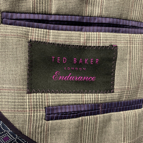 TED BAKER Grey Burgundy Plaid Wool Notch Lapel Sport Coat