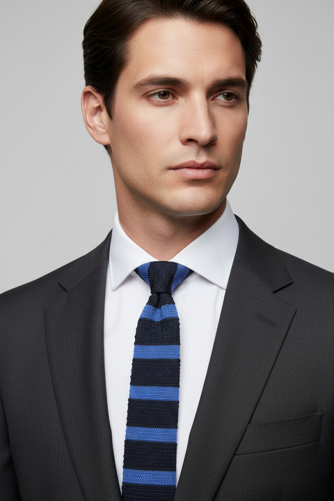 Blue and black striped knitted tie with a label on a gray background