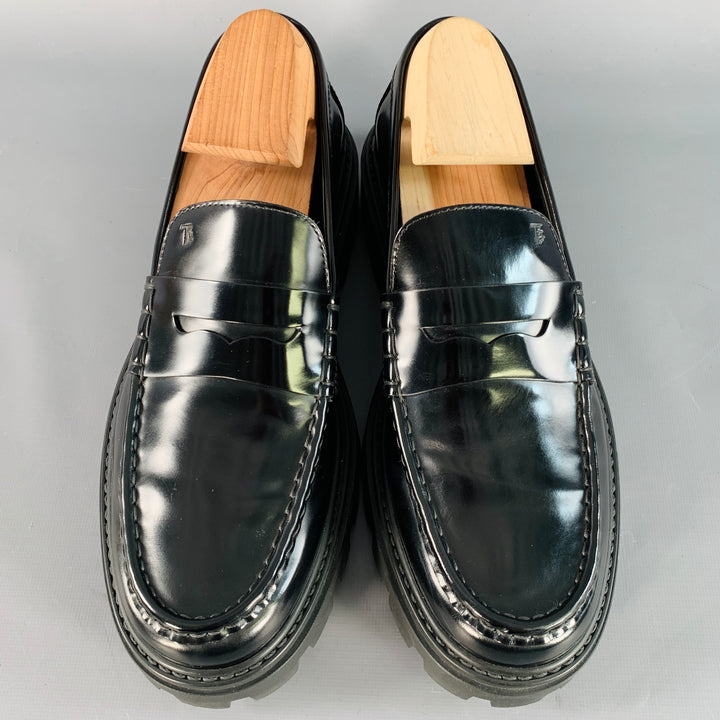 TOD'S Size 11 Black Patent Leather Lug Sole Penny Loafers Flats