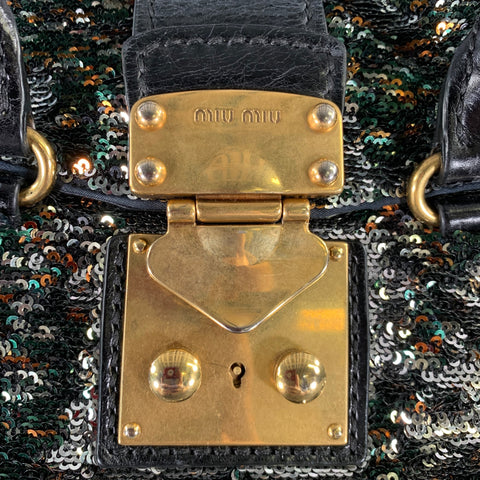 MIU MIU Black Metallic Sequined Leather Top Handles Handbag
