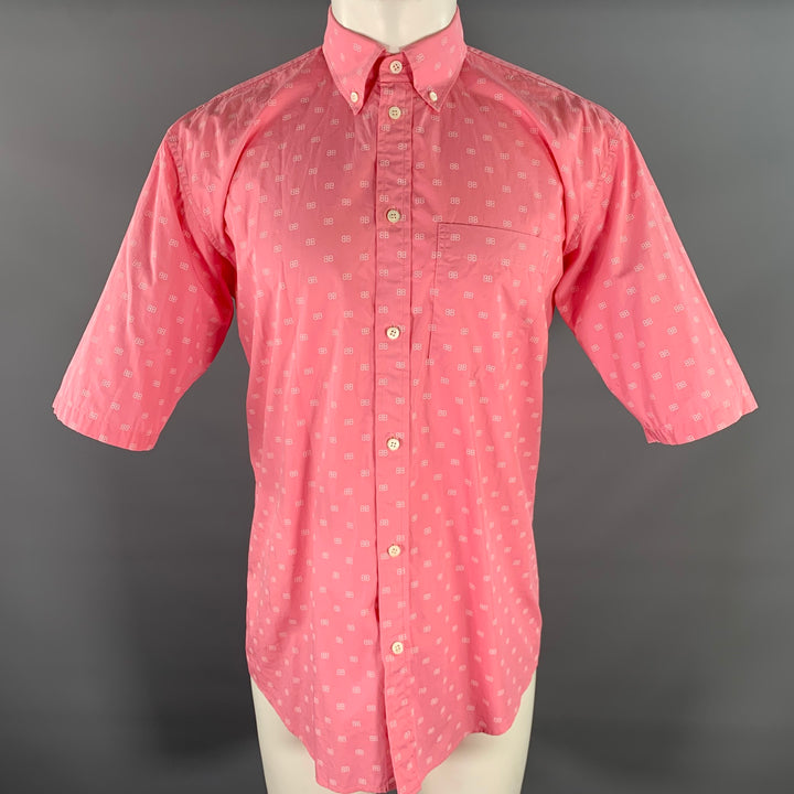 BALENCIAGA Size XS Pink White Monogram Cotton Button Down Short Sleeve Shirt