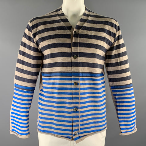 COMME des GARCONS SHIRT Size XL Cream Blue Stripe Wool Buttoned Cardigan