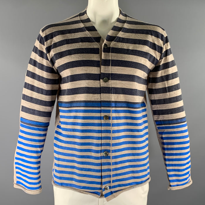 COMME des GARCONS SHIRT Size XL Cream Blue Stripe Wool Buttoned Cardigan