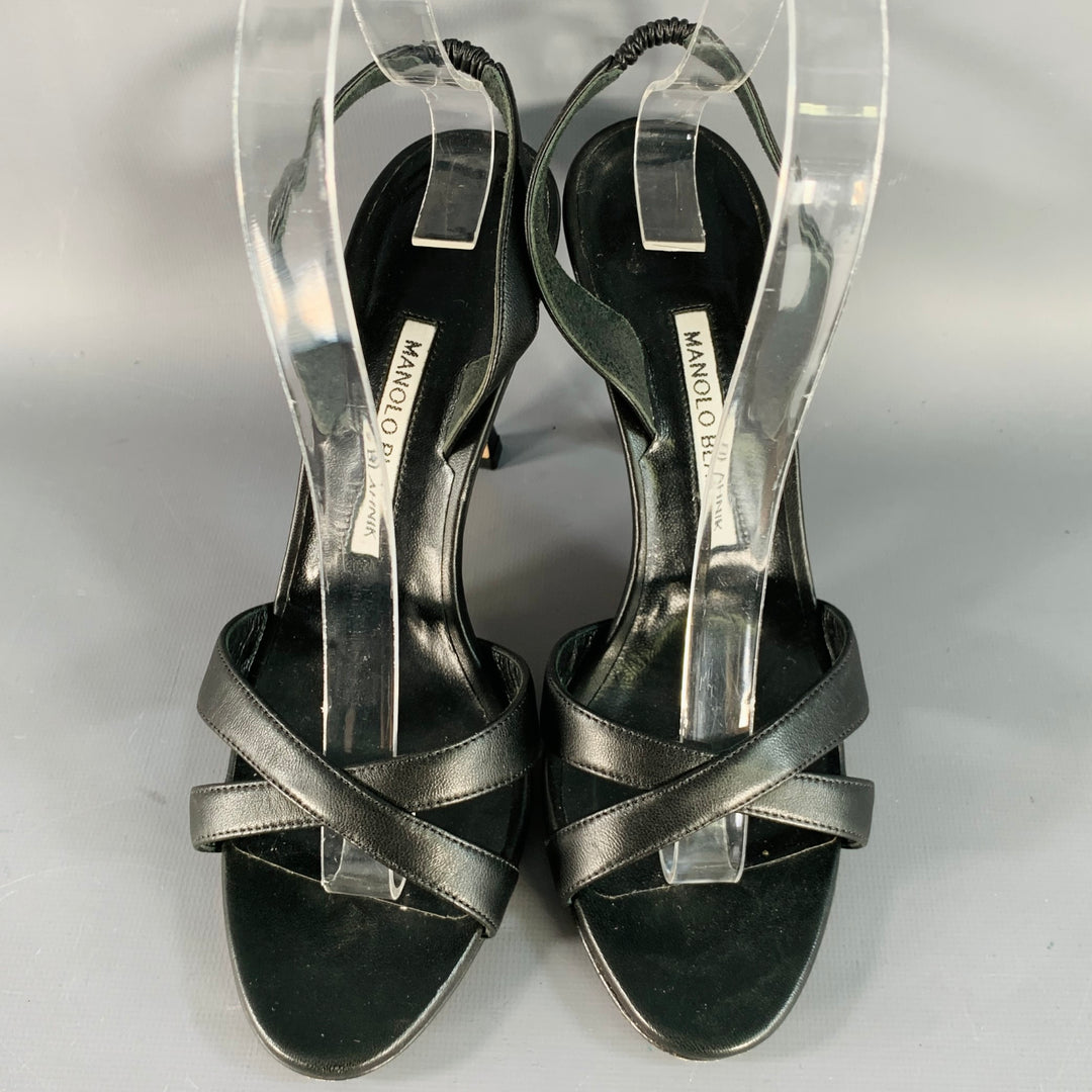 MANOLO BLAHNIK Size 8 Black Leather Strappy Slingback Sandals