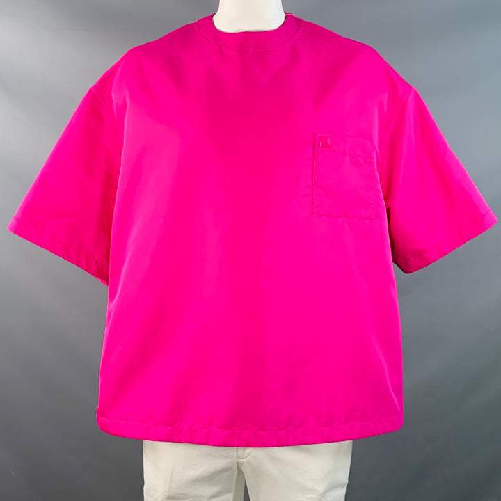 VALENTINO 2022 Size L Fuchsia Pink Polyamide Oversized One Pocket Short Sleeve Pullover