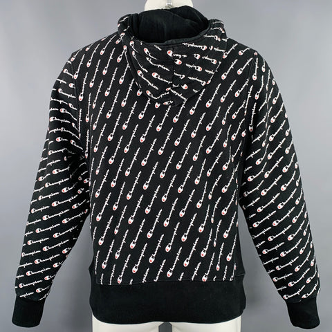 CHAMPION Taille M Noir Logo Blanc Coton Polyester Sweat à Capuche