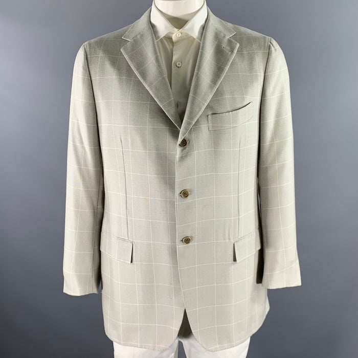 KITON Size 45 Grey Window Pane Cashmere Notch Lapel Sport Coat
