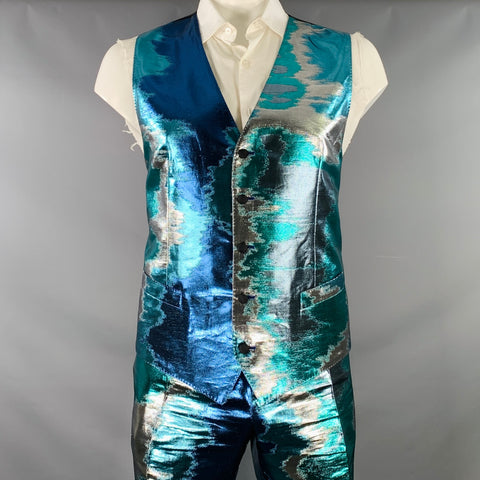 DOLCE & GABBANA Silicia Size 46 Blue Silver Metallic Marbled Polyester Silk 3 Piece Suit