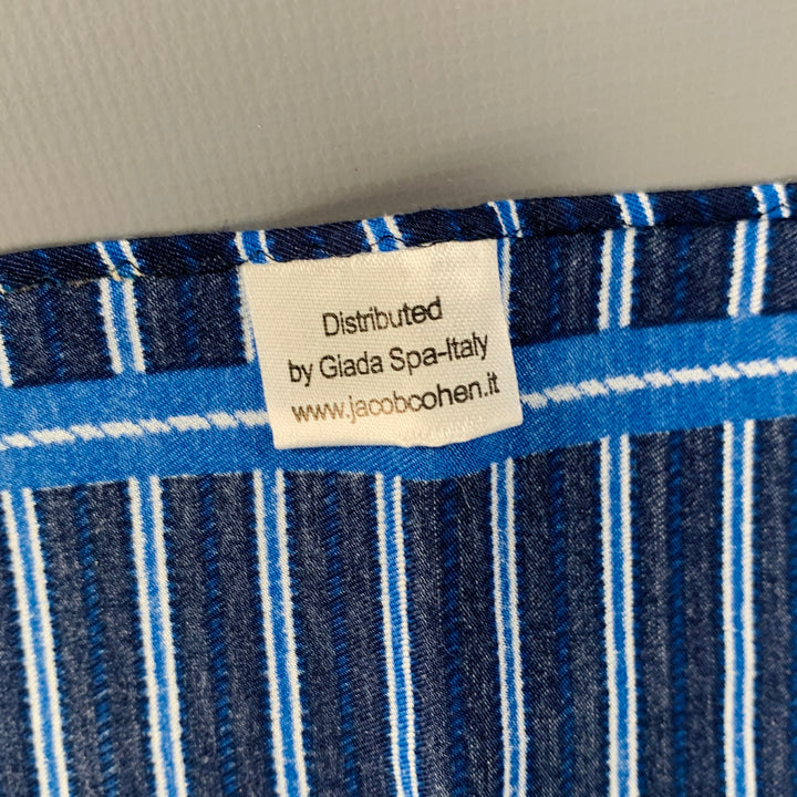 JACOB COHEN Navy White Stripe Cotton Silk Pocket Square