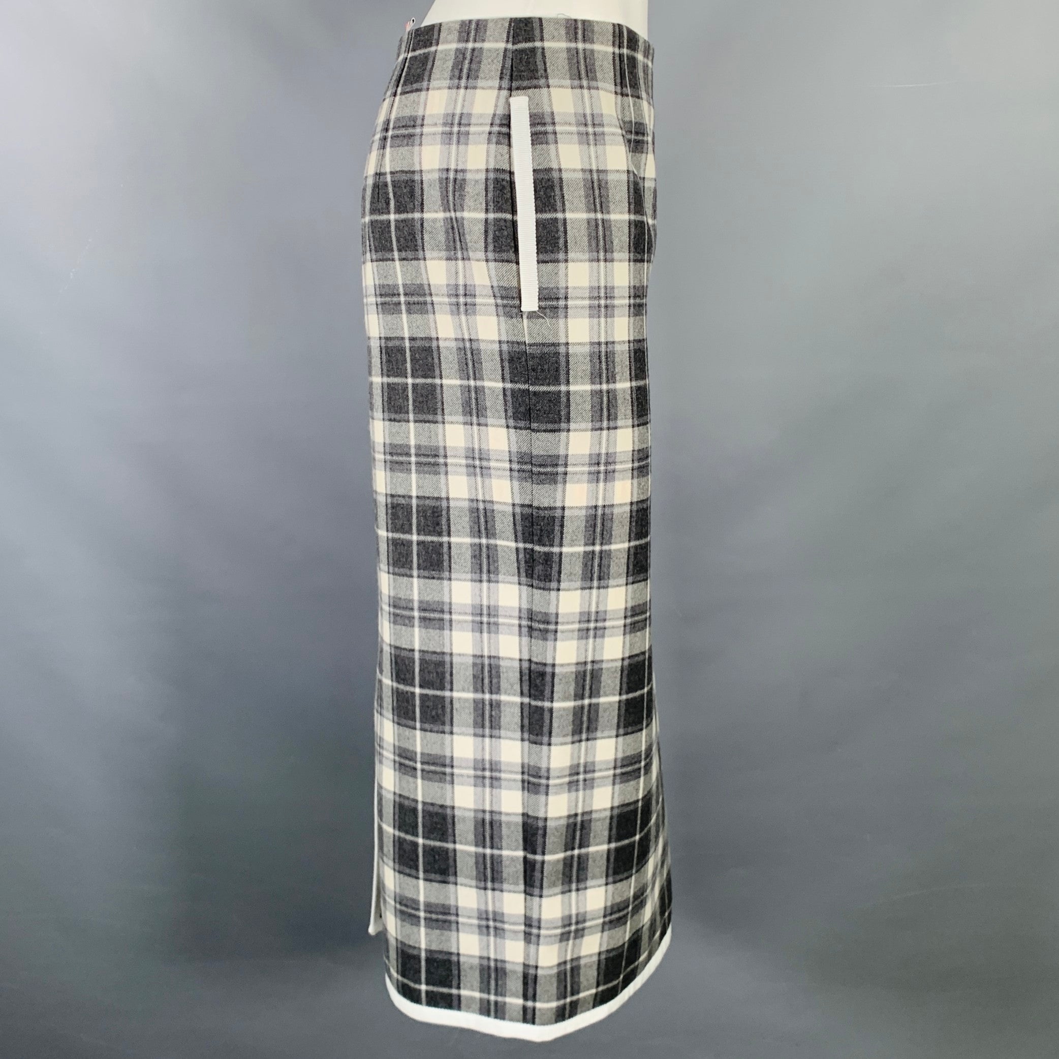 THOM BROWNE Size 0 Grey Cream Wool Plaid Pencil Mid-Calf