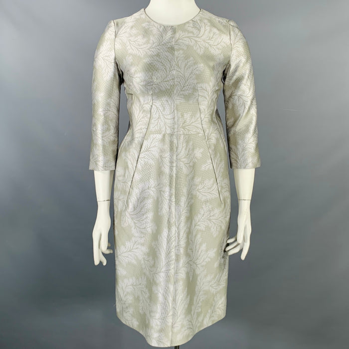 JIL SANDER Size 10 Grey Silver Polyester Silk Embossed A-Line Dress