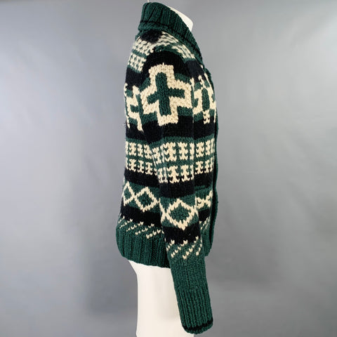 RRL by RALPH LAUREN Size M Green Cream Geometric Wool Blend Shawl Collar Sweater