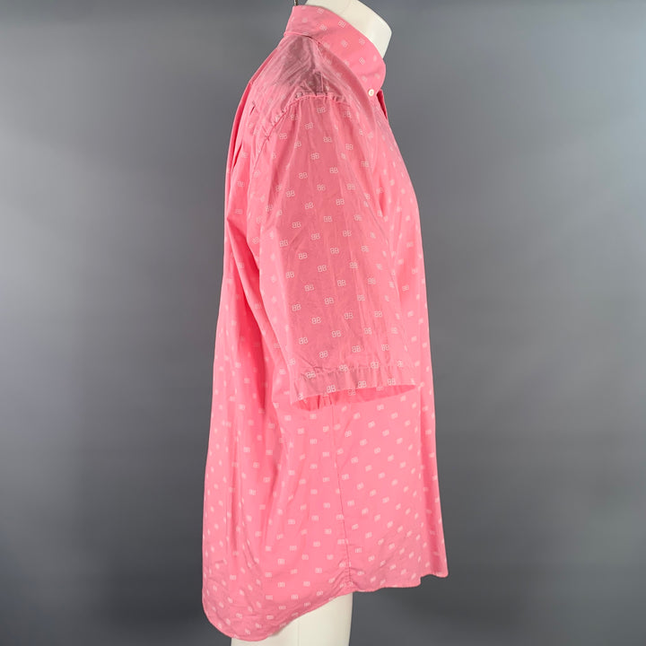 BALENCIAGA Size XS Pink White Monogram Cotton Button Down Short Sleeve Shirt