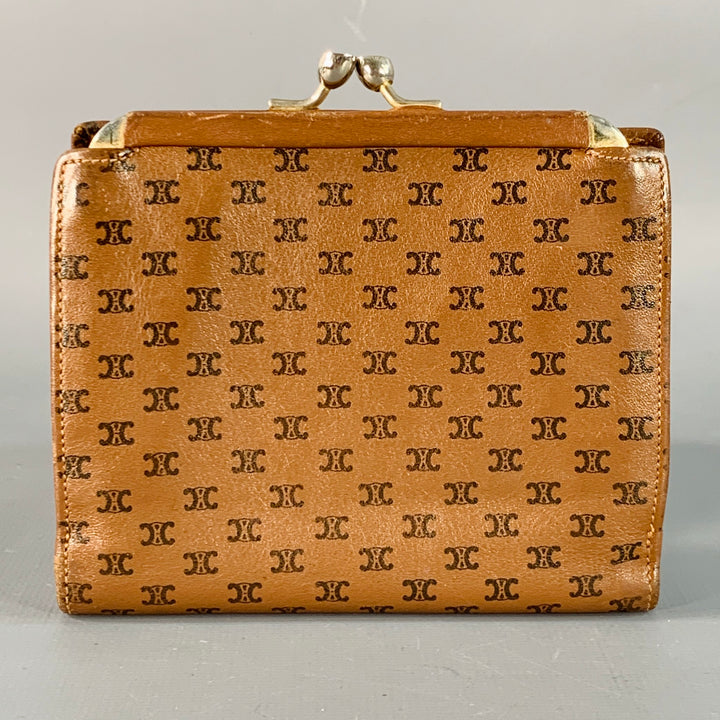 CELINE Vintage Brown Tan Logo Leather Kiss Lock Coin Purse Wallet