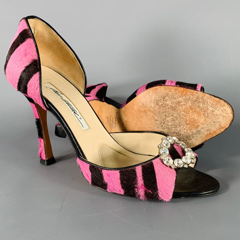 BRIAN ATWOOD Size 7.5 Pink Brown Stripe Calf Hair Peep Toe Heels Pumps