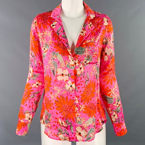 SEZANE Size 4 Pink Multi Color Silk Flower One Pocket Blouse