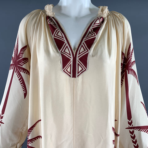 LA DOUBLEJ Size M Cream Burgundy Silk Palm Tree Maxi Long Dress