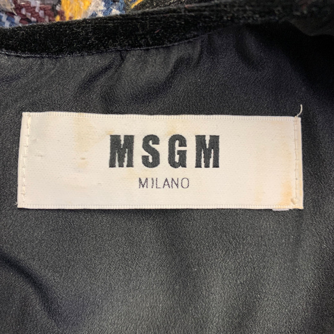 MSGM Size 8 Yellow Black Silver Wool Blend Plaid Ruffle Mini Dress