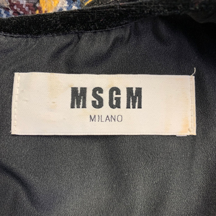 MSGM Size 8 Yellow Black Silver Wool Blend Plaid Ruffle Mini Dress