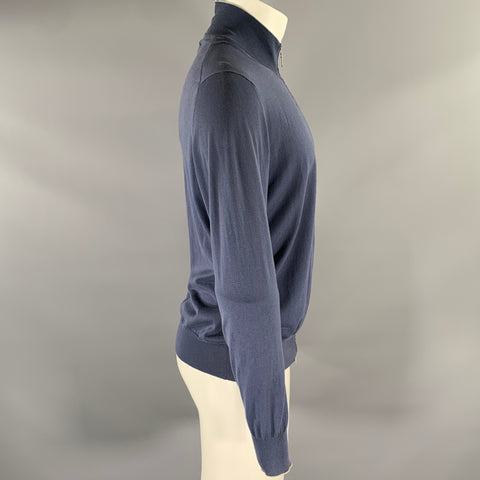 BRUNELLO CUCINELLI Size M Navy Grey Cotton Zip Mock Neck Sweater