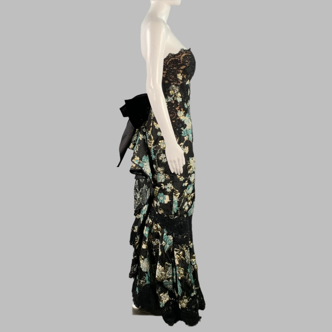 MARCHESA Size 4 Black Sage Gold Abstract Floral Strapless Long Evening Gown  – Sui Generis Designer Consignment