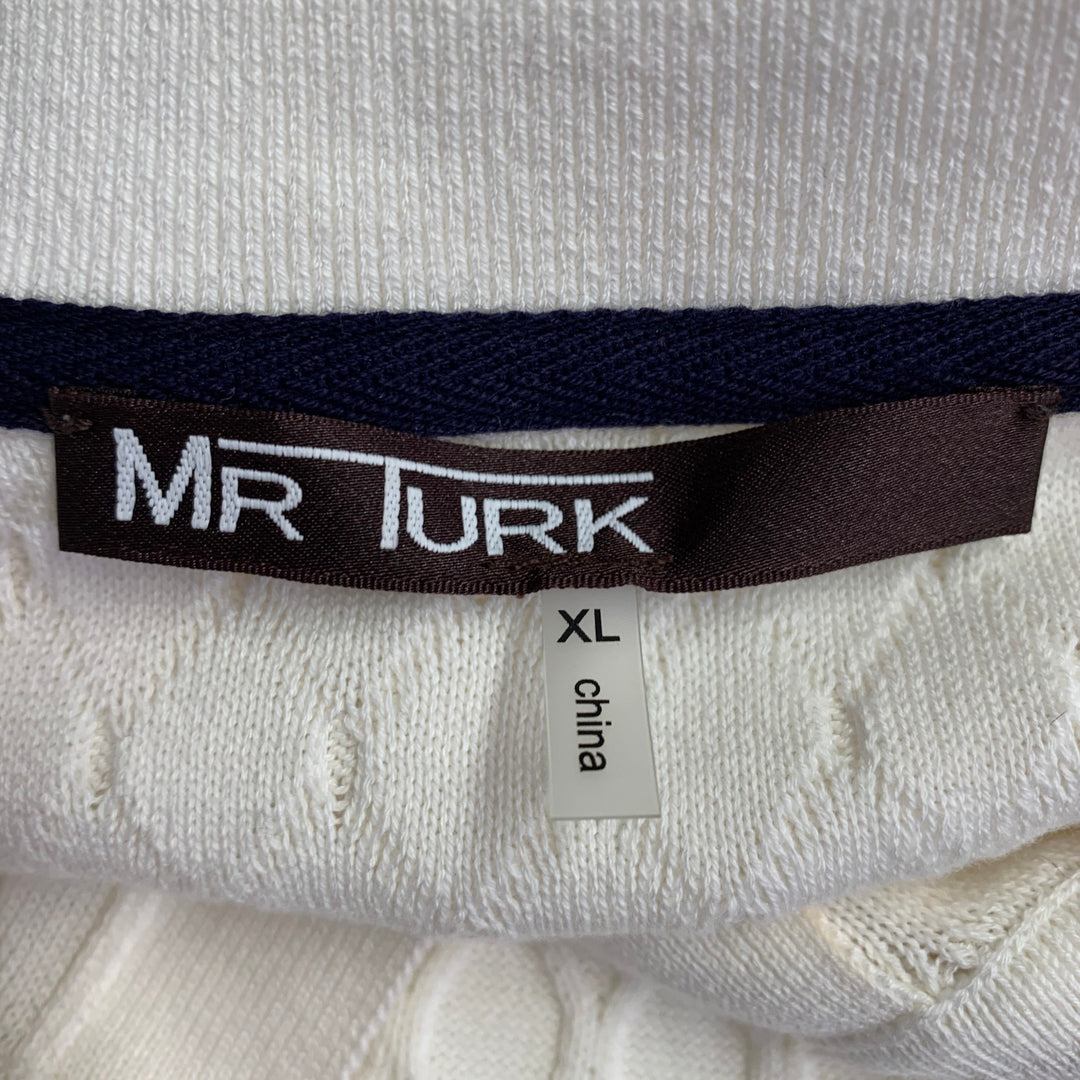 MR TURK Size XL White Cable Knit Cotton Blend Half Placket Polo