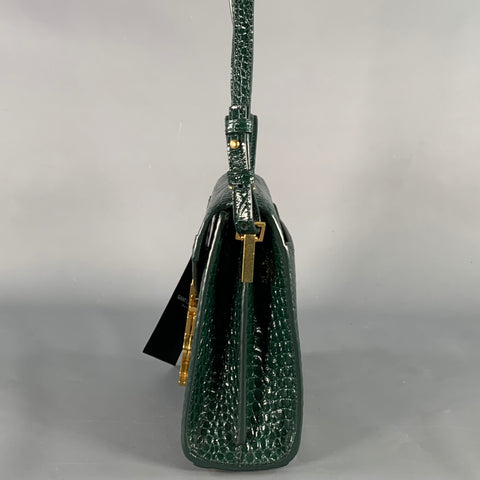 SAINT LAURENT Cassandra Green Gold Croc Embossed Leather Cross Body Mini Handbag