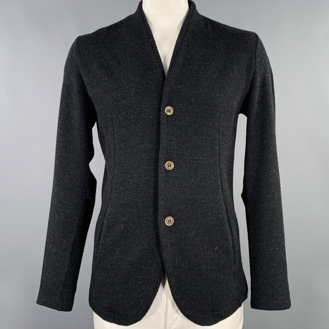 THE VIRIDI-ANNE Size XL Black Wool Cotton Collarless Cardigan