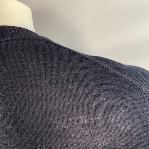 THOM BROWNE Pull en laine mérinos à rayures blanches et bleu marine, taille L