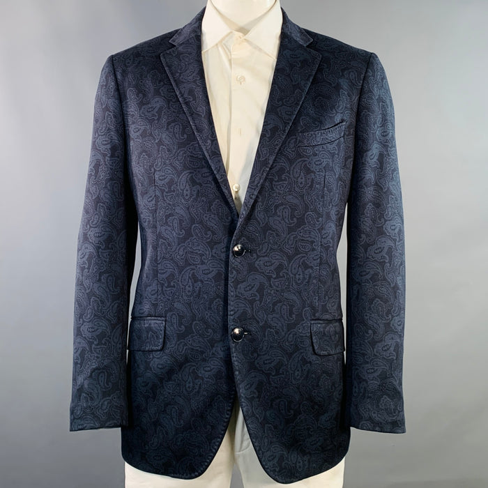 ETRO Size 50 Navy Paisley Cotton Blend Slim Fit Notch Lapel Sport Coat