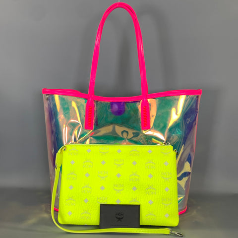 MCM SS2019 Pink Neon PVC Metallic Tote Bag