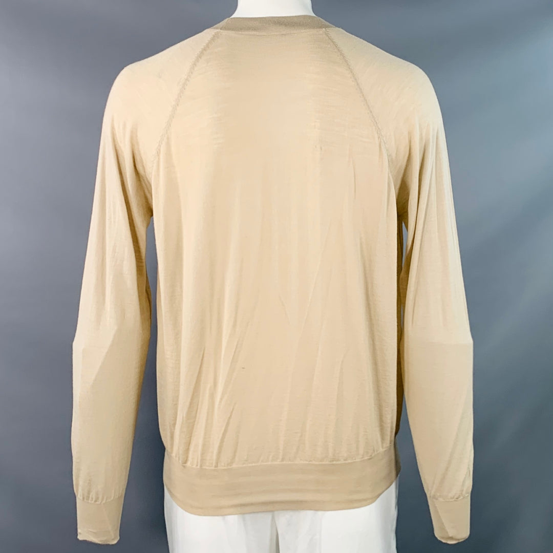 PRADA Size L Beige Virgin Wool Sheer Knit V-Neck Cardigan