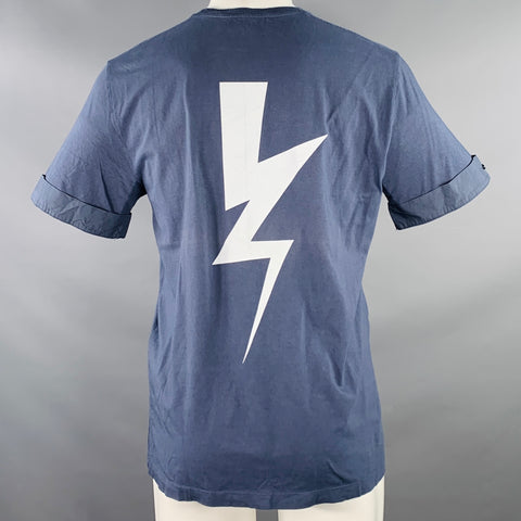 NEIL BARRETT Size M Blue White Cotton Lightning Bolt Cuffed Crew Neck T-shirt