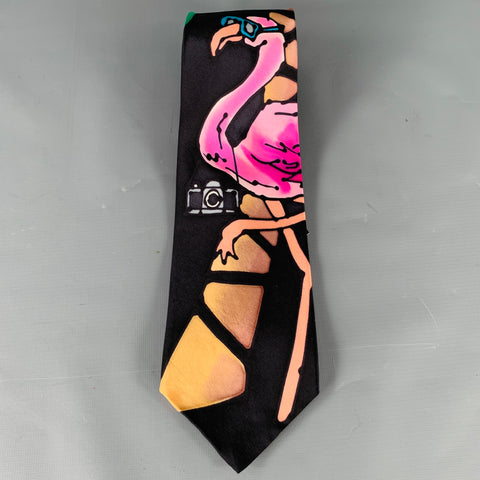 ROBERT DASKAL Black Multi Color Tropical Flamingo Silk Tie