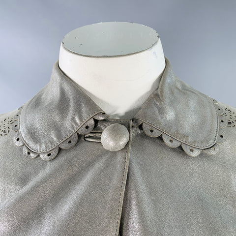 EMILIO PUCCI Size 10 Silver Perforated Leather Peter Pan Collar Single Button Jacket Blazer