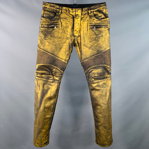 BALMAIN Size 38 Metallic Gold Black Cotton Slim Biker Jeans