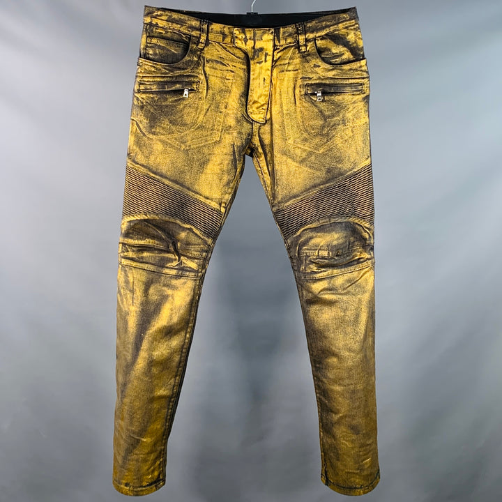 BALMAIN Size 38 Metallic Gold Black Cotton Slim Biker Jeans
