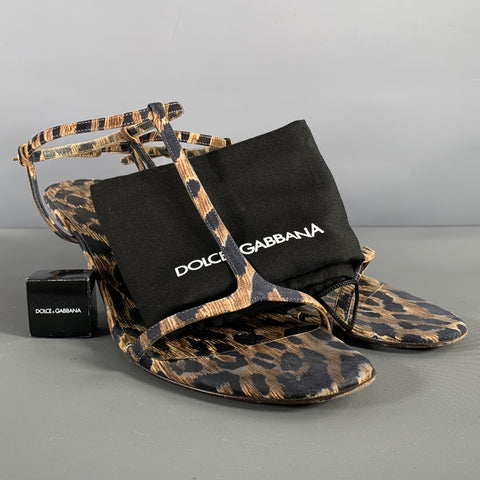 DOLCE & GABBANA Size 9 Brown Black Fabric Animal Print T- Strap Sandals