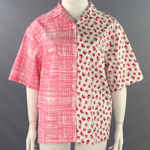 PRADA Size L Pink White Mixed Fabrics Floral Crosshatch One Pocket Camp Shirt