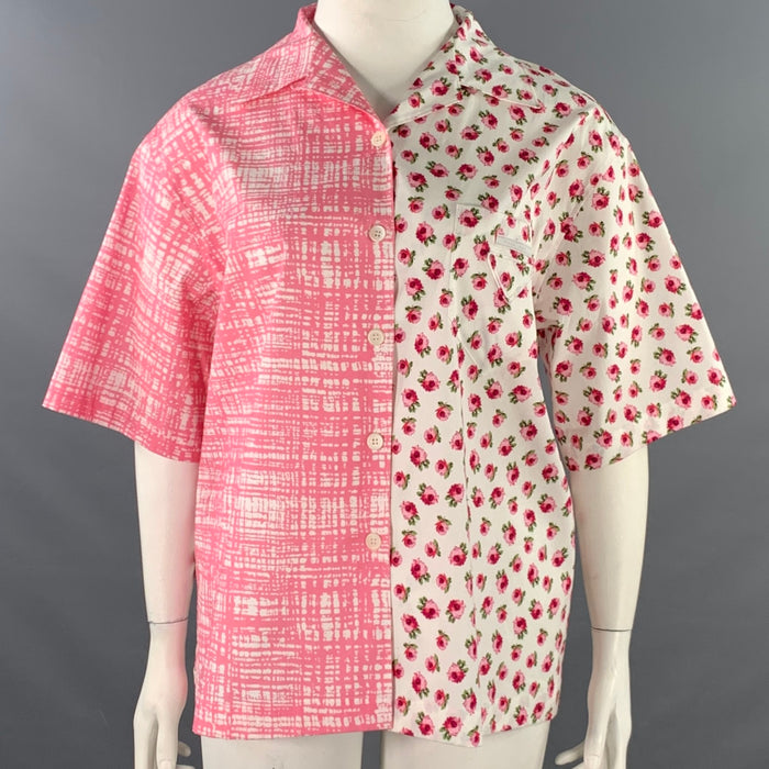 PRADA Size L Pink White Mixed Fabrics Floral Crosshatch One Pocket Camp Shirt