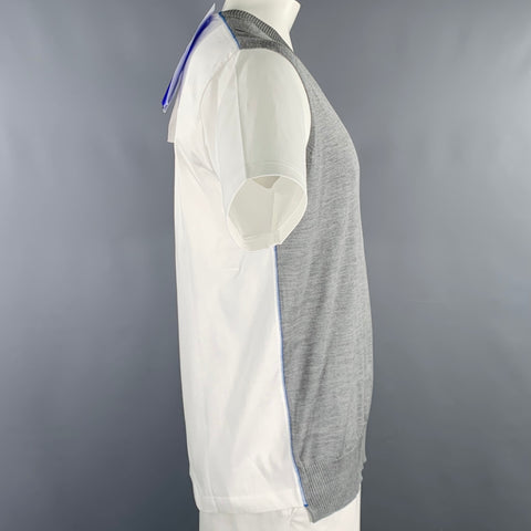 JUNYA WATANABE 2019 Size L White Grey Mixed Materials Silk Cotton V-Neck T-shirt