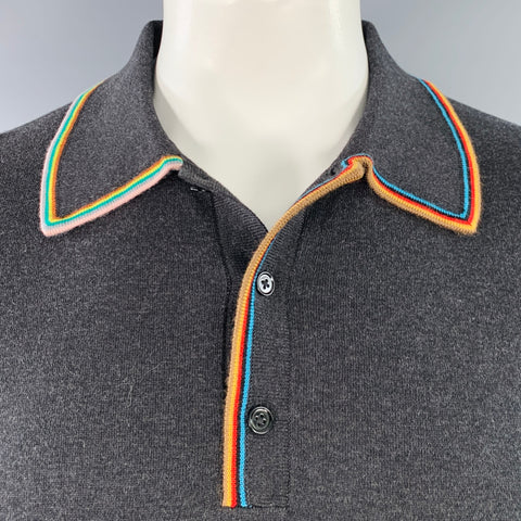 PAUL SMITH Size L Grey Contrast Trim Cotton Merino Wool Long Sleeve Polo