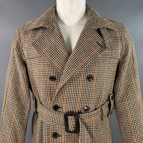 BLACK FLEECE Size 40 Beige Multi Color Houndstooth Wool Double Breasted Belted Trenchcoat
